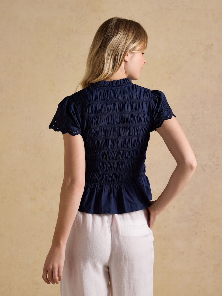 Joules Ettie Navy Frill Shirred Top With Broderie Sleeves - Image 2 of 8