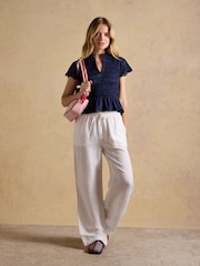 Joules Ettie Navy Frill Shirred Top With Broderie Sleeves - Image 5 of 8