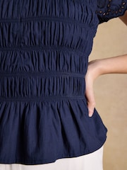 Joules Ettie Navy Frill Shirred Top With Broderie Sleeves - Image 7 of 8
