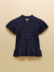 Joules Ettie Navy Frill Shirred Top With Broderie Sleeves - Image 8 of 8