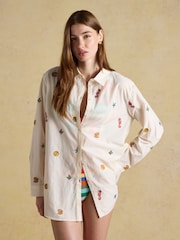 Joules Sophia Cream Embroidered Holiday Icons Longline Cotton Shirt - Image 1 of 8