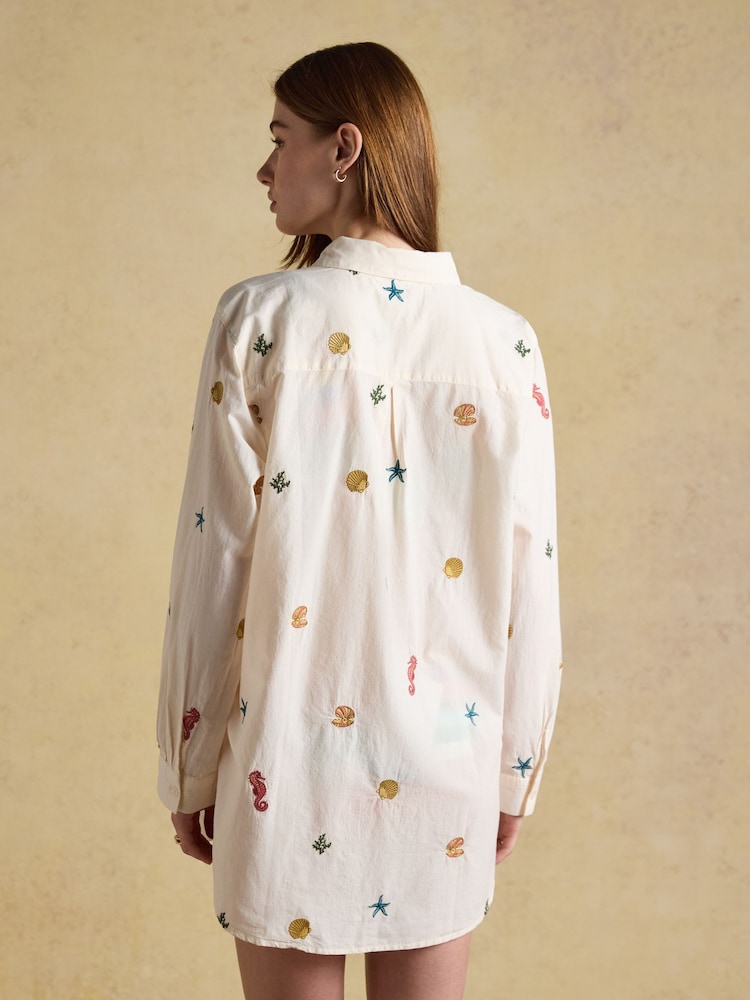 Joules Sophia Cream Embroidered Holiday Icons Longline Cotton Shirt - Image 2 of 8