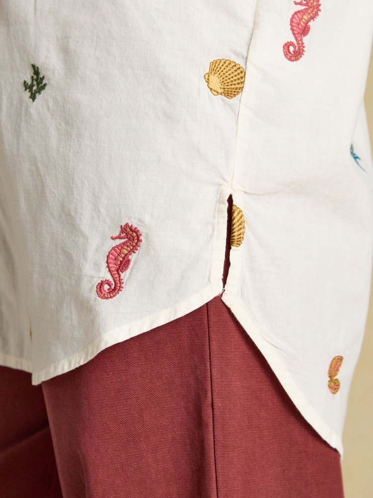 Joules Sophia Cream Embroidered Holiday Icons Longline Cotton Shirt - Image 7 of 7