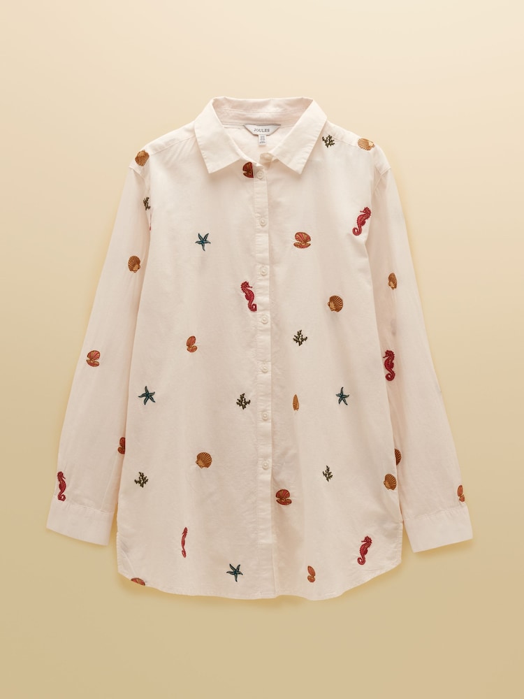 Joules Sophia Cream Embroidered Holiday Icons Longline Cotton Shirt - Image 8 of 8