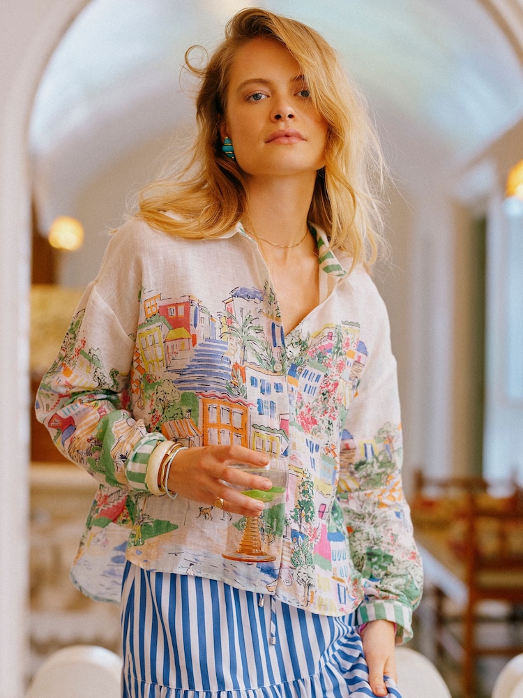 Joules Selena Coastal Scene Print Pure Linen Printed Long Sleeve Shirt - Image 1 of 12 Joules Selena Coastal Scene Print Pure Linen Printed Long Sleeve Shirt - Image 1 of 12