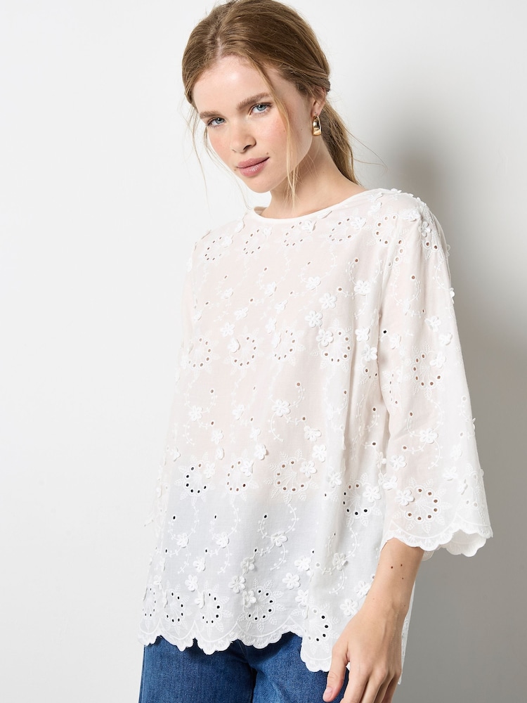 Apricot White 3D Mini Flower Bell Sleeve Top - Image 2 of 4