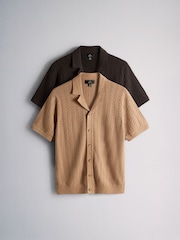 The Set 2 Pack Brown Textured Button Through Knitted Shirt Chocolate Brown - Image 1 of 5
