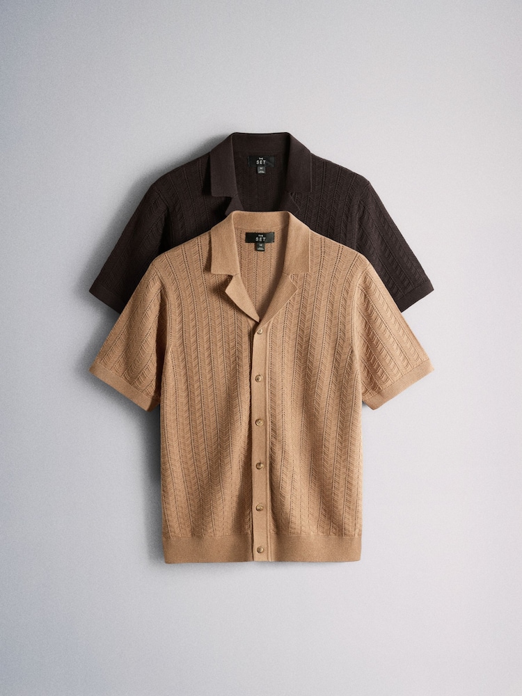 The Set 2 Pack Brown Textured Button Through Knitted Shirt Chocolate Brown - Image 1 of 5