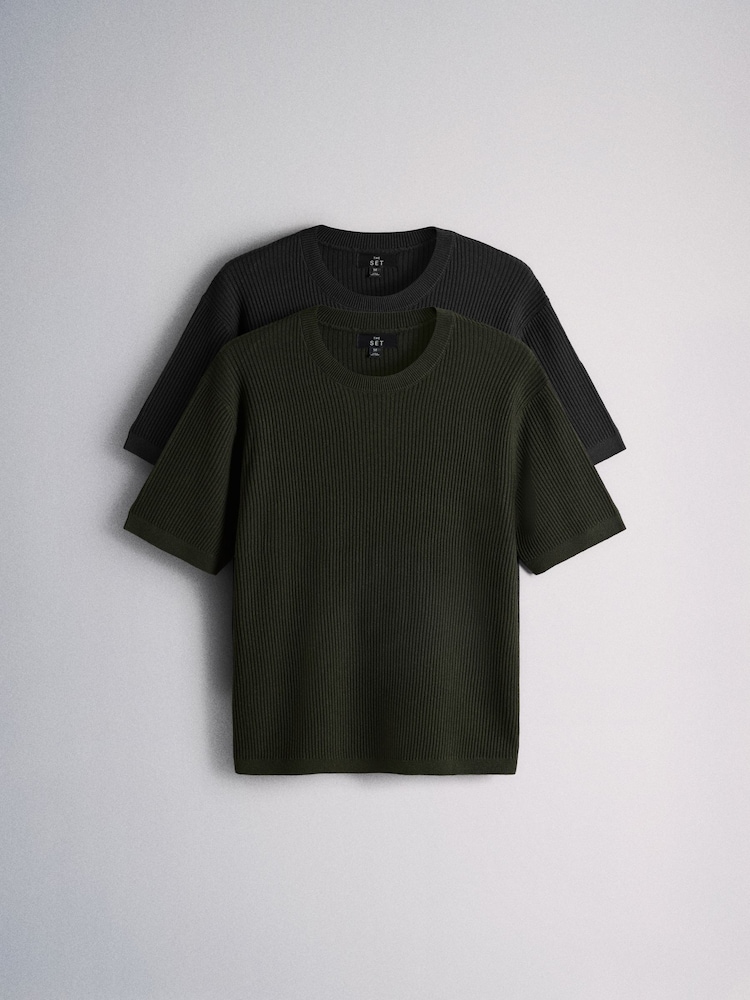 The Set 2 Pack Rib Knitted Short Sleeve Jumpers Black/Green - Image 2 of 12