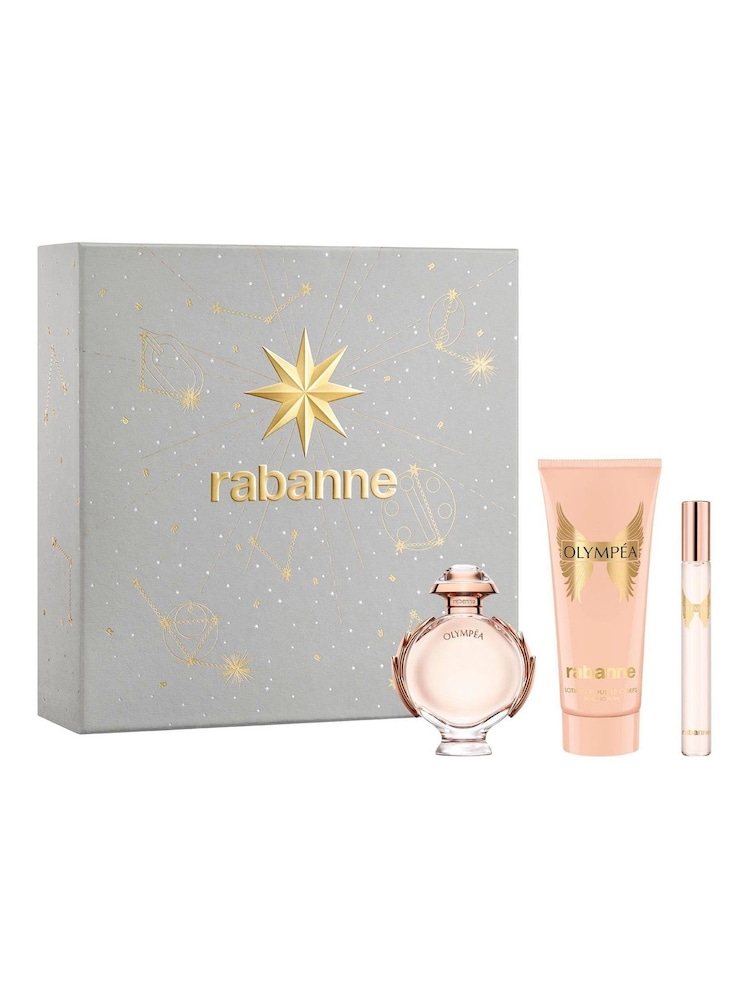 Rabanne Olympa Eau de Parfum 50ml Sensual Body Lotion 100ml & Eau de Parfum 10ml Gift Set - Image 1 of 4 Rabanne Olympa Eau de Parfum 50ml Sensual Body Lotion 100ml & Eau de Parfum 10ml Gift Set - Image 1 of 4