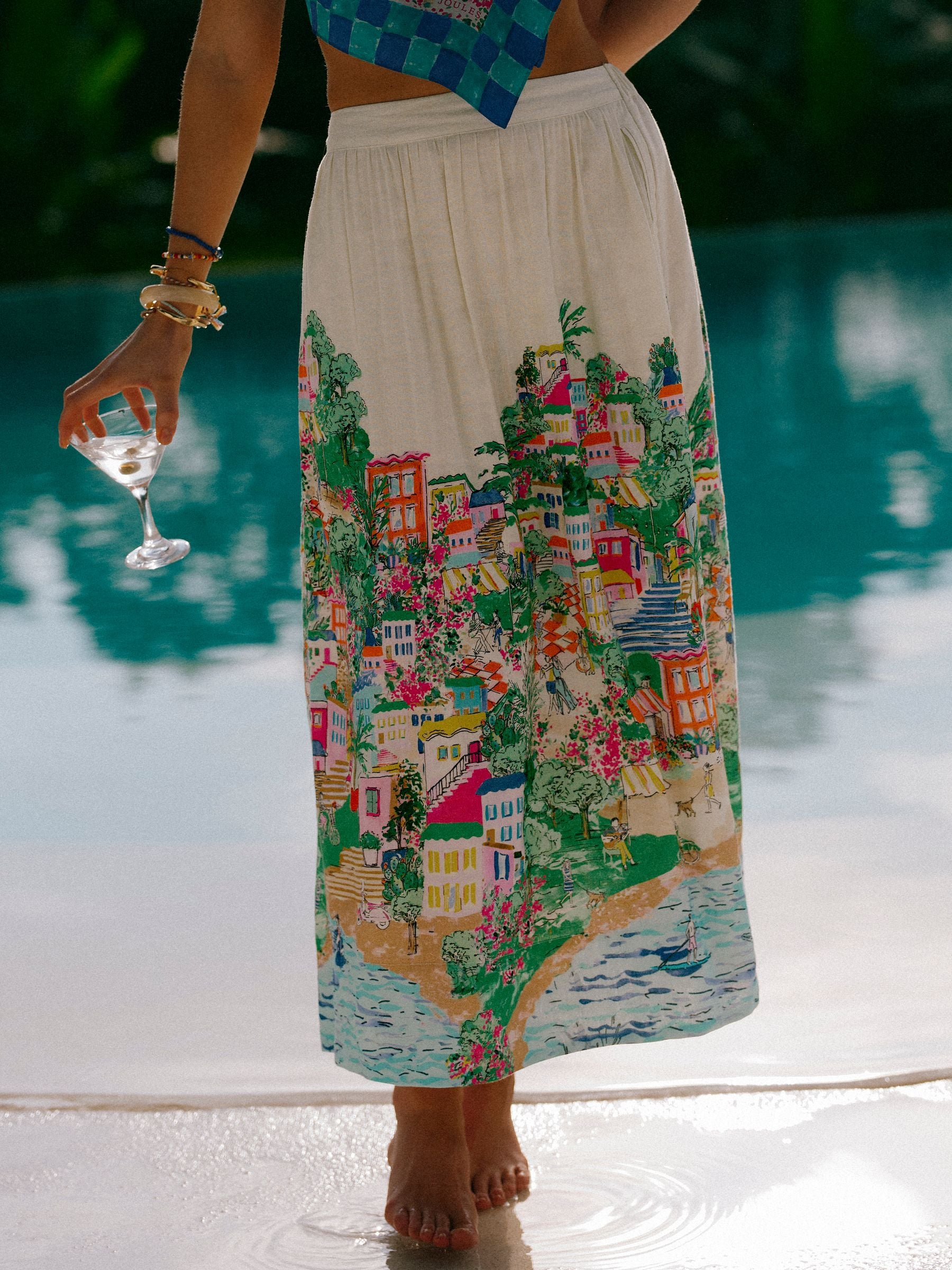 Buy Joules White Coastal Scene Print Placement Midi Skirt with