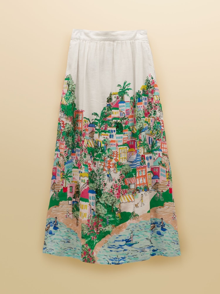 Joules White Coastal Scene Print Placement Midi Skirt with Linen - Image 12 of 12