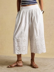 Joules White Broderie Cropped Wide Leg Trouser - Image 1 of 8