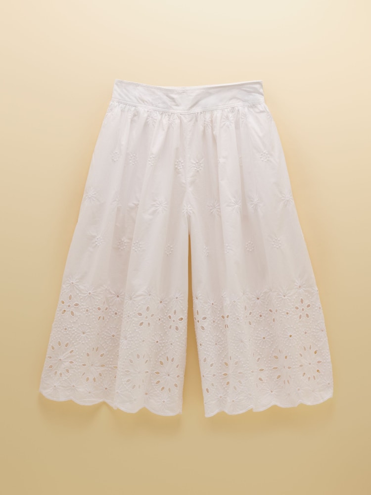 Joules White Broderie Cropped Wide Leg Culottes - Image 10 of 10
