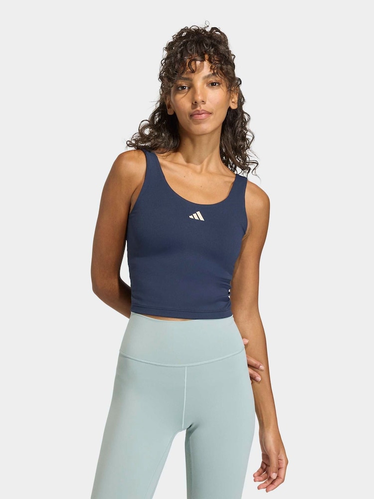adidas Blue 3-Stripe Studio All Me Low Support Sports Vest - Image 1 of 6