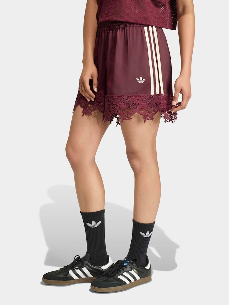 adidas Originals Maroon Red Firebird Satin Lace Trim Shorts - Image 1 of 6