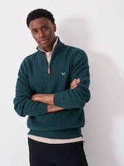 Crew Clothing Green Lambswool Cable Half Zip Sweater - Image 1 of 5