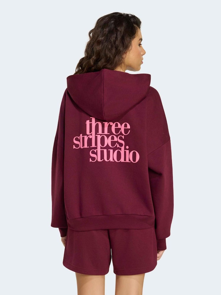 Burgunderrot - adidas 3-Stripe Studio Fleece Hoodie - Bild 2 von 6