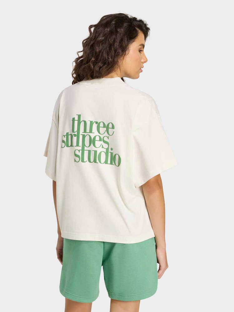 adidas White 3-Stripe Studio Oversize Graphic T-Shirt - Image 2 of 6