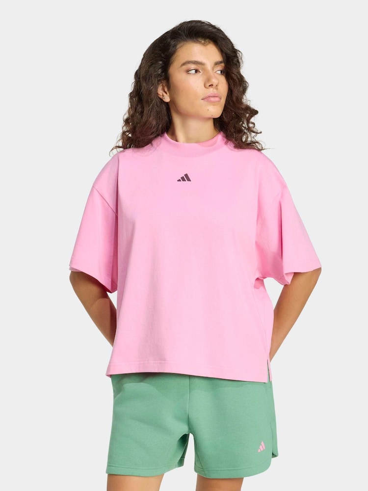adidas Pink 3-Stripe Studio Oversize Graphic T-Shirt - Image 1 of 6