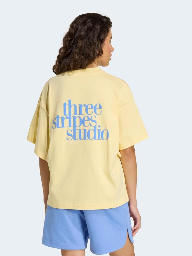 adidas Yellow 3-Stripe Studio Oversize Graphic T-Shirt - Image 2 of 6