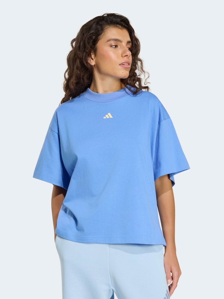 adidas Blue 3-Stripe Studio Oversize Graphic T-Shirt - Image 1 of 6
