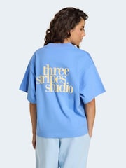 adidas Blue 3-Stripe Studio Oversize Graphic T-Shirt - Image 2 of 6