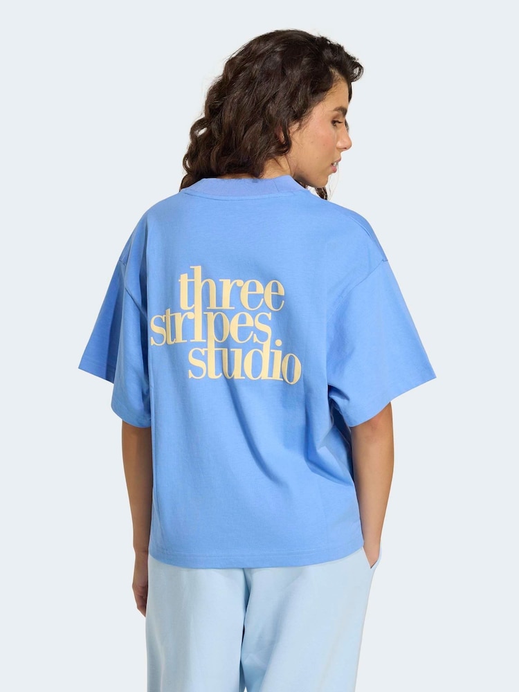 adidas Blue 3-Stripe Studio Oversize Graphic T-Shirt - Image 2 of 6