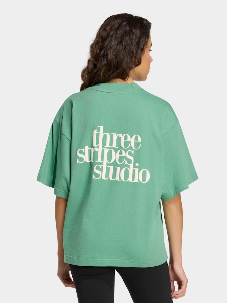adidas Green 3-Stripe Studio Oversize Graphic T-Shirt - Image 2 of 6