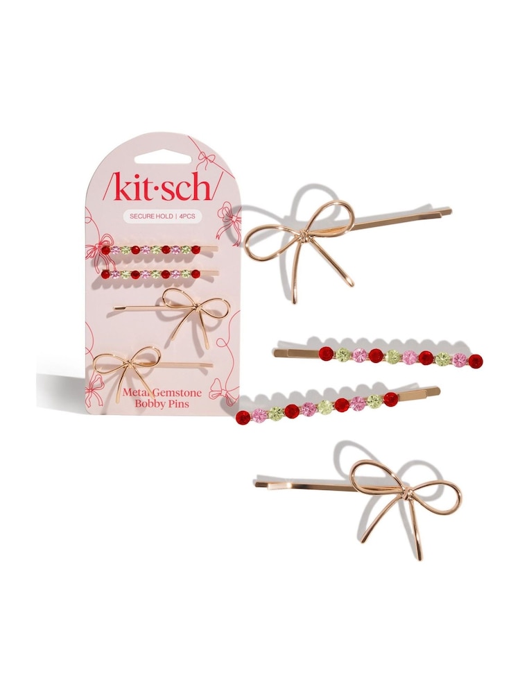Kitsch Metal Gemstone and Bow Bobby Pins 4 Piece Set - Image 1 of 5