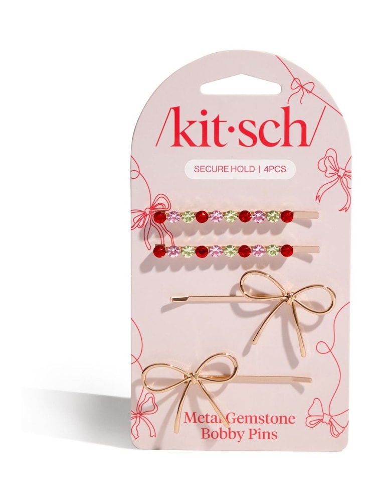 Kitsch Metal Gemstone and Bow Bobby Pins 4 Piece Set - Image 2 of 5