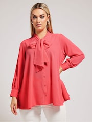 Yours Curve Pink Tie-Neck Gather Blouse - Image 1 of 5