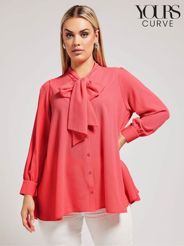 Yours Curve Pink Tie-Neck Gather Blouse - Image 7 of 7
