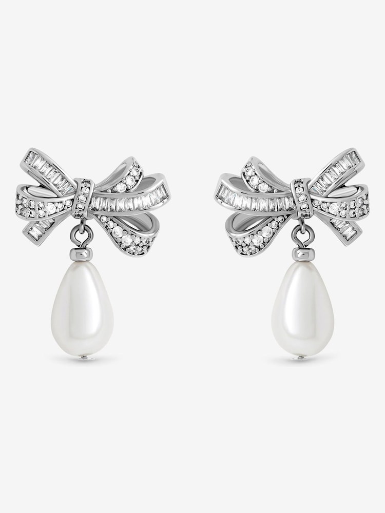 Jon Richard Silver Rhodium Plated Cubic Zirconia Bow and Pearl Earrings - Image 1 of 4