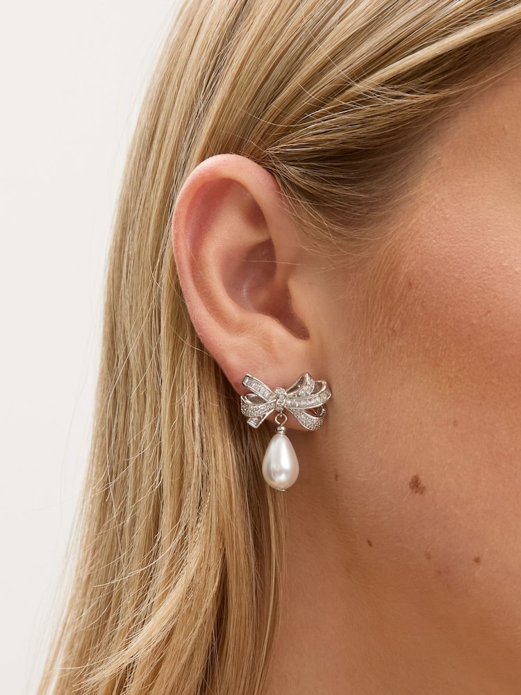 Jon Richard Silver Rhodium Plated Cubic Zirconia Bow and Pearl Earrings - Image 2 of 4