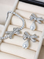 Jon Richard Silver Rhodium Plated Cubic Zirconia Bow and Pearl Earrings - Image 3 of 4