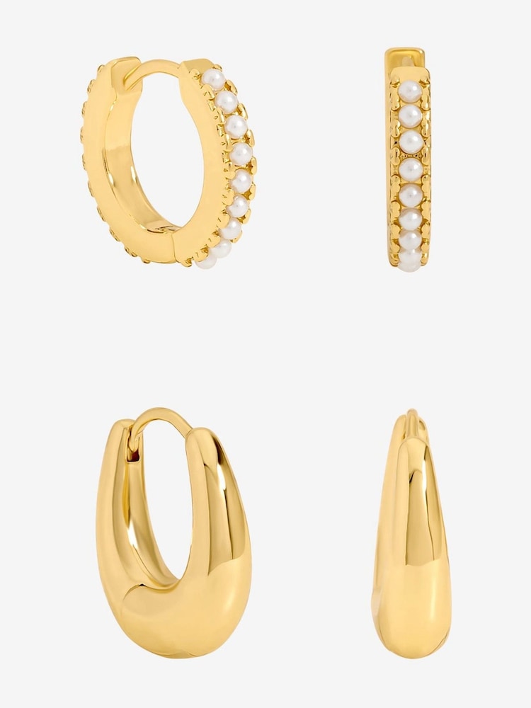 Jon Richard Gold Tone Polished and Pearl Hoops Pack of 2 - Image 1 of 5 Jon Richard Gold Tone Polished and Pearl Hoops Pack of 2 - Image 1 of 5