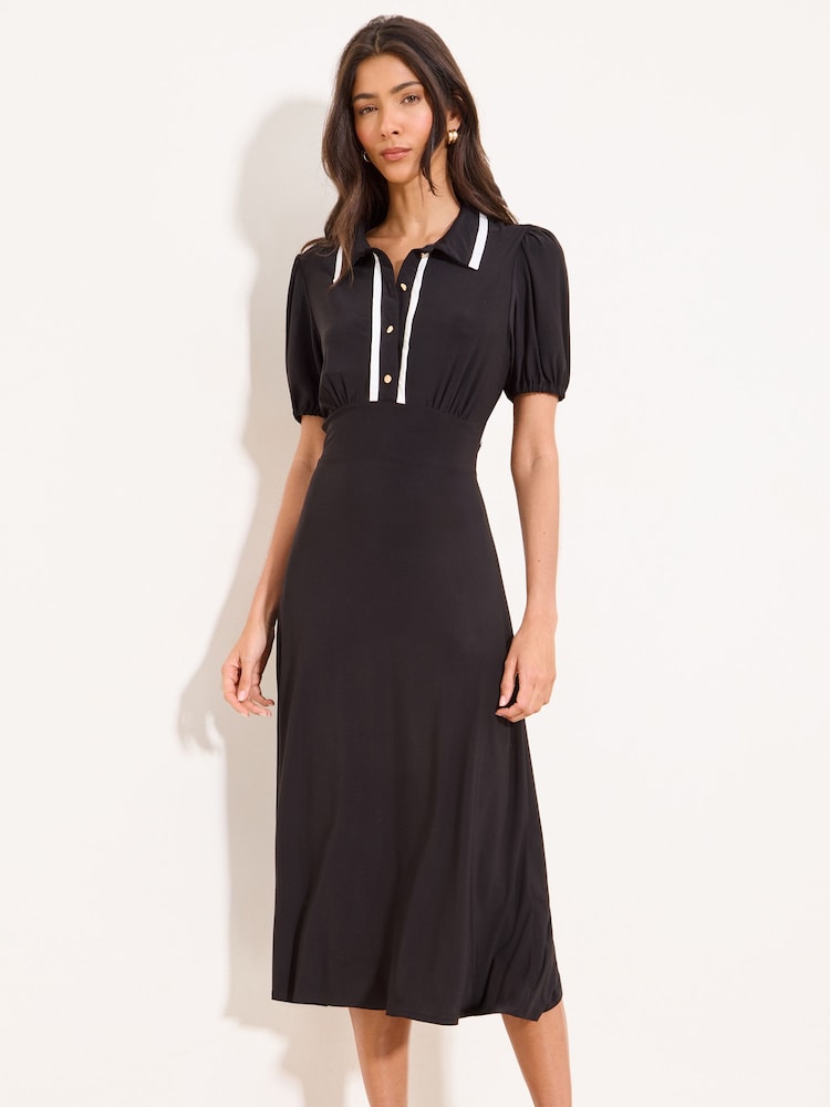 Lipsy White Puff Sleeve Tipped Midi Dress - Image 1 of 4 Lipsy White Puff Sleeve Tipped Midi Dress - Image 1 of 4