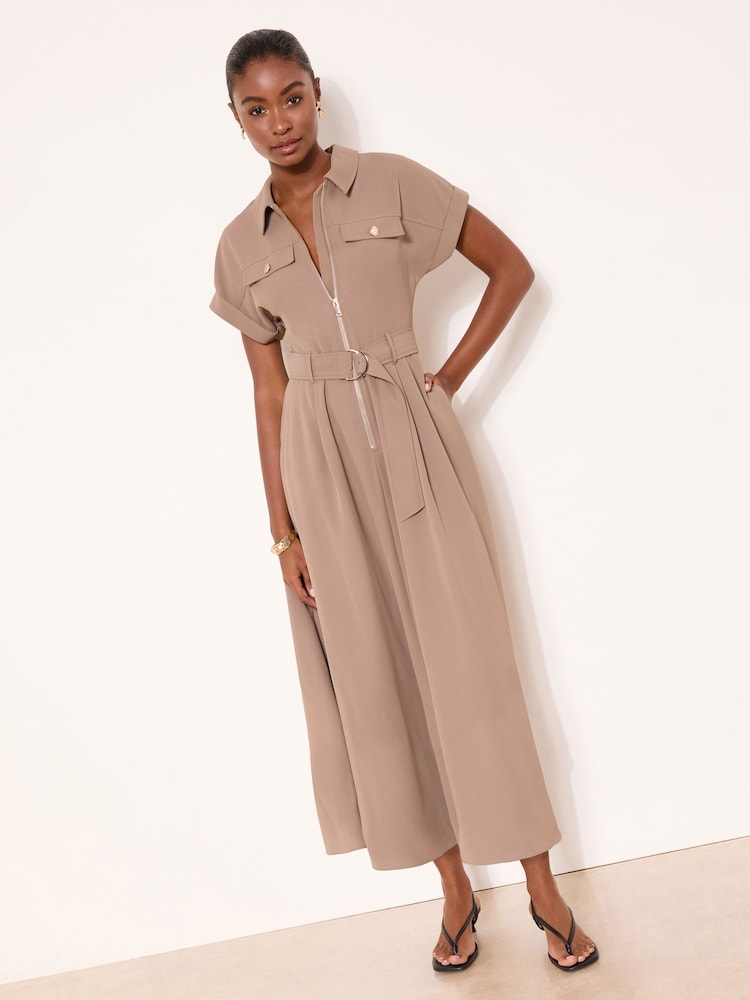 Lipsy Mocha Zipped Through Fit Flare Shirt Dress - Imaginea 1 din 4