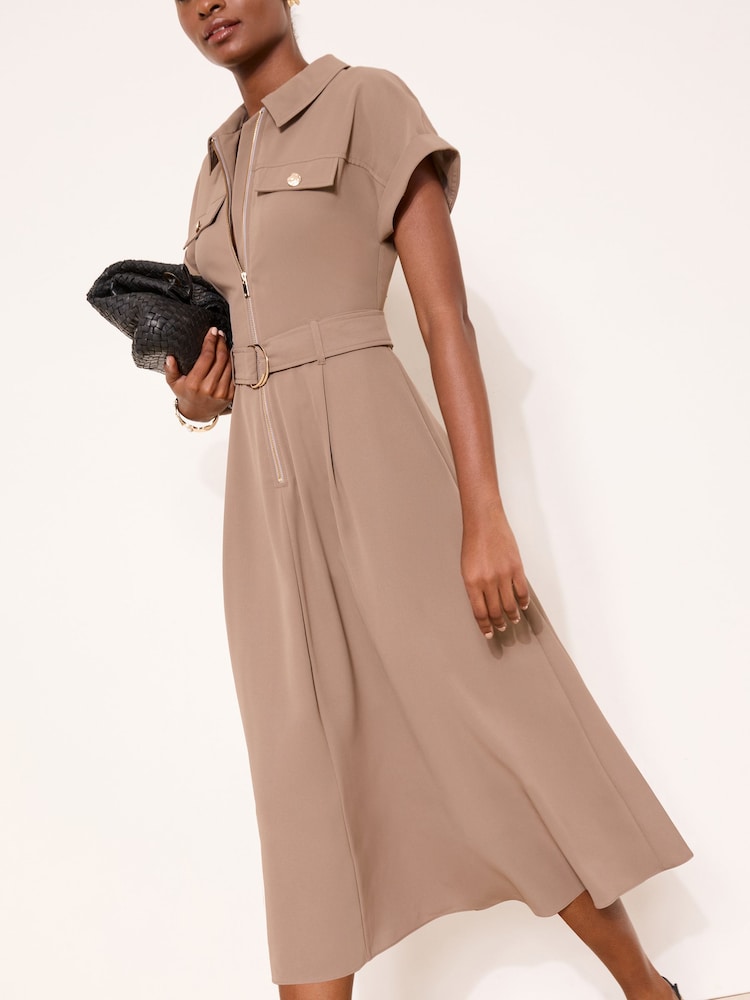 Lipsy Mocha Zipped Through Fit Flare Shirt Dress - Imaginea 2 din 4