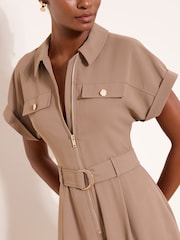 Lipsy Mocha Zipped Through Fit Flare Shirt Dress - Imaginea 4 din 4