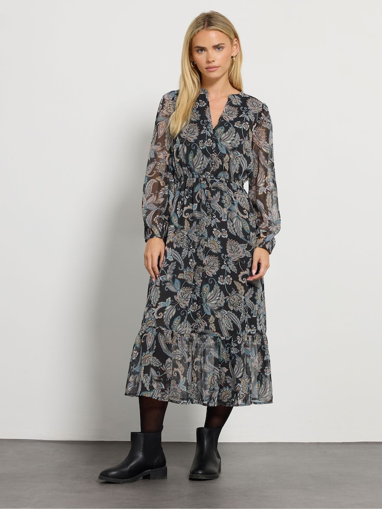 M&Co Blue Petite Chiffon Long Sleeve Button Down Dress - Image 1 of 5