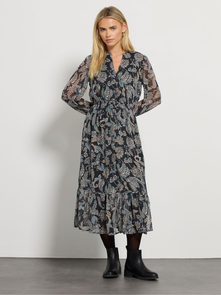 M&Co Blue Petite Chiffon Long Sleeve Button Down Dress - Image 2 of 5