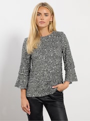 M&Co Silver Petite Sequin Long Flute Sleeve Top - Image 1 of 5