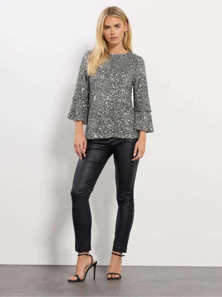 M&Co Silver Petite Sequin Long Flute Sleeve Top - Image 2 of 5