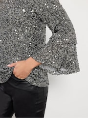 M&Co Silver Petite Sequin Long Flute Sleeve Top - Image 4 of 5