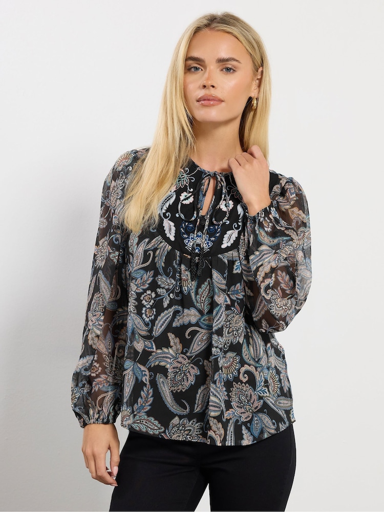 M&Co Blue Petite Embroidered Boho Blouse - Image 1 of 5