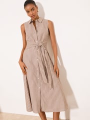 Lipsy Neutral Stripe Sleeveless Collar Shirt Belted Waist Midi Dress - Image 1 of 5