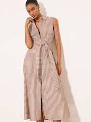 Lipsy Neutral Stripe Sleeveless Collar Shirt Belted Waist Midi Dress - Image 4 of 5