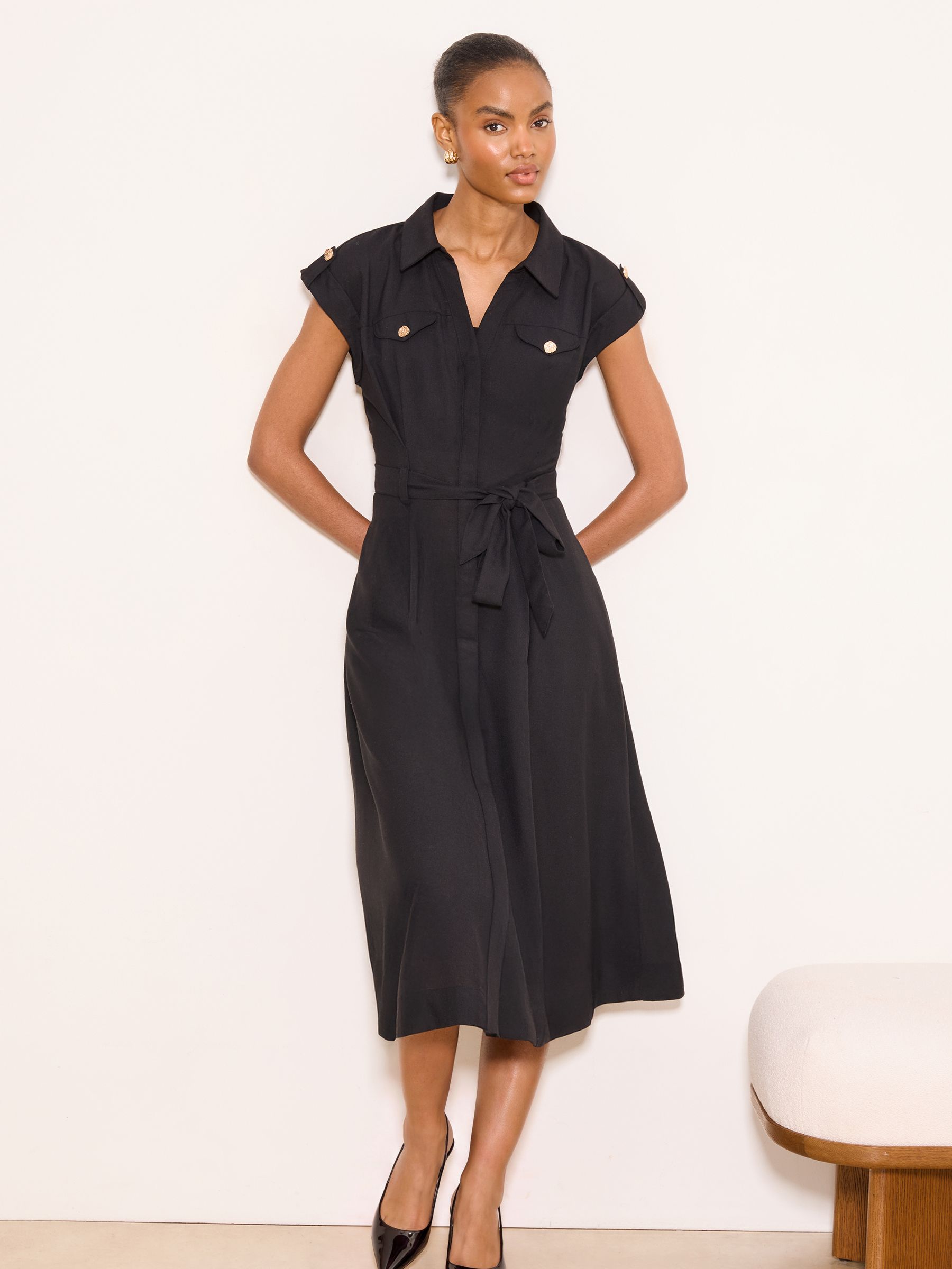Look Button Buy Lipsy Black Linen Look Button Through Short Sleeve Midi Shirt Dress ...
